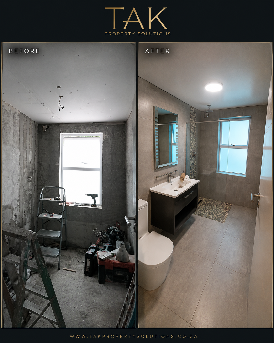 Bathroom renovation before and after by TAK Property Solutions