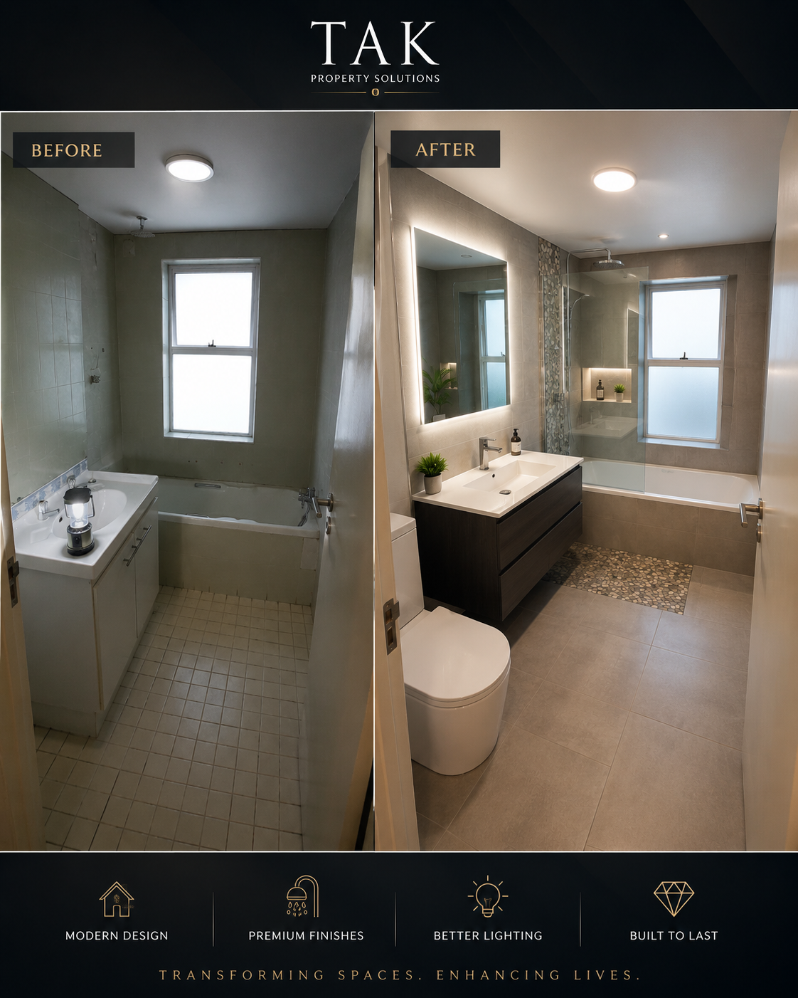 Bathroom transformation before and after by TAK Property Solutions